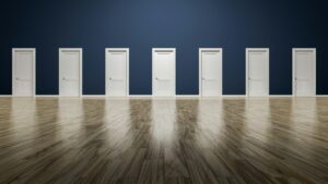 Seven doors in a room symbolizing the choice of dentists, highlighting the decision-making process in selecting the right dental care provider in Twin Oaks, MO.