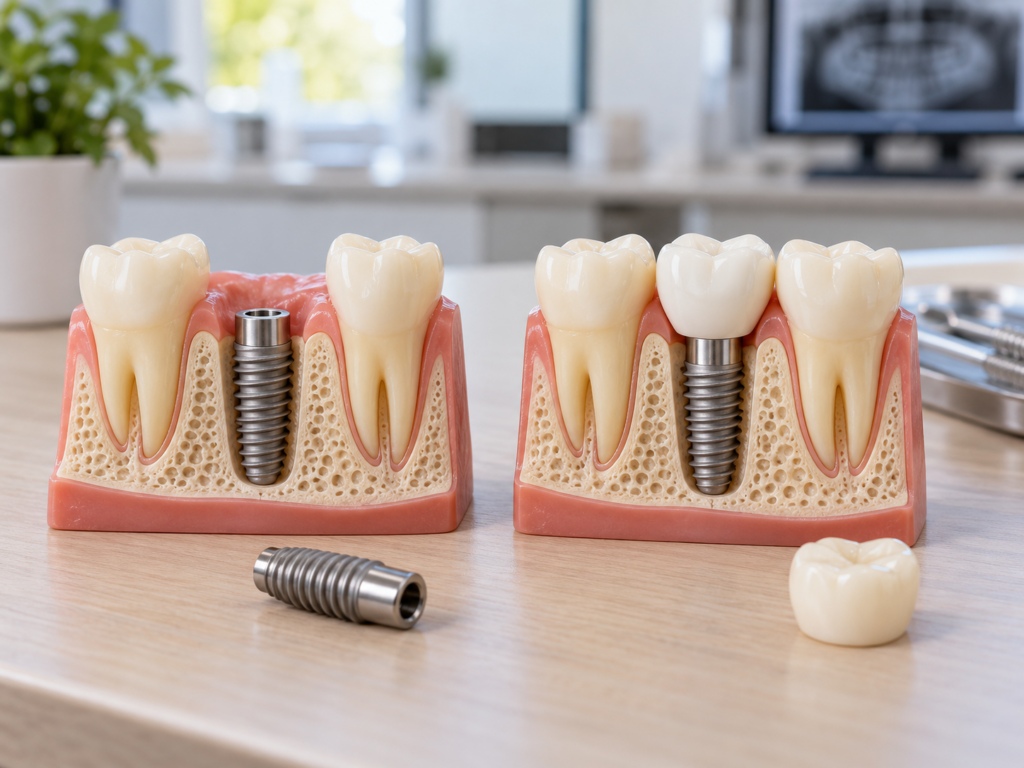 Dental implant, fixed bridge and removable partial denture models displayed side by side in a dental office.